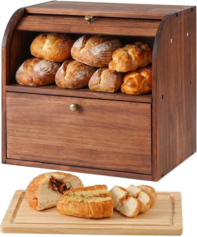 Sunhoo Wooden Bread Box for Kitchen Countertop, Roll Top Breadbox, Brown | Large Double Layer Pantry Container, Solid Wood with Cutting Board, Fresh Homemade Sourdough Bin Cabinet, Vintage Farmhouse by Sunhoo