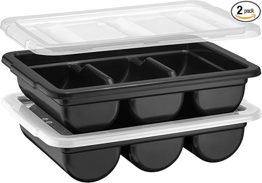 2 Pack - Cutlery Bin with Lid, Commercial 3-Compartment Flatware Tray with Cover, Silverware Divided Storage Plastic Container, Restaurant Condiments Holder, Covered Utensil Organizer Box, Black by Zilpoo
