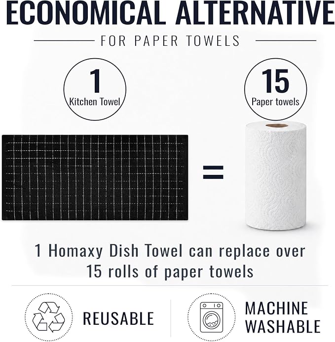 Kitinjoy 100% Cotton Terry Kitchen Towels, 13”x 28”, 6-Pack, Black | Checkered Designed, Ultra Soft Absorbent Quick Drying Dish Towels - Image 8