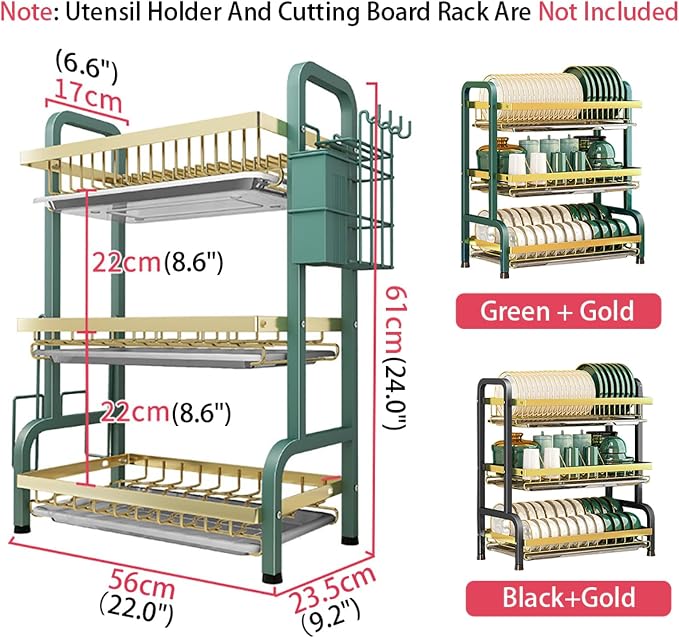 CAKERS Dish Drying Rack with Removable Drain Tray|Carbon Steel Dish Strainers for Kitchen Counter|Tableware Holder Dinnerware Drainer Organizer,Green-Gold,3 Tier(Extra Long)-Main Shelf - Image 2