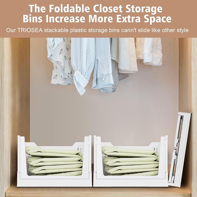 Stackable Storage Bins, Folding Collapsible Closet Organizers and Storage Bins Box, Plastic Shelves Drawer Organizer Container for Closet Office Bedroom Kitchen Bathroom with Wheels, White, 3 Pack - Image 4