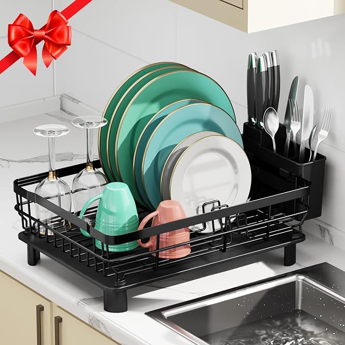 MOUKABAL Dish Drying Rack with Drainboard for Kitchen Counter, Black | 13×17 Large Capacity/Rustproof Stainless Steel/Fast Drainage Dish Drainer/Removable Utensil Holder/Kitchen Counter Organizer - Image 8