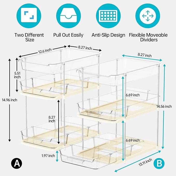 Delamu 2 Pack 3-Tier Bathroom Under Sink Organizers and Storage, Multi-Purpose Stackable Pantry Organization and Storage, Pull Out Clear Kitchen Bathroom Cabinet Organizer with Movable Dividers, Beige - Image 2