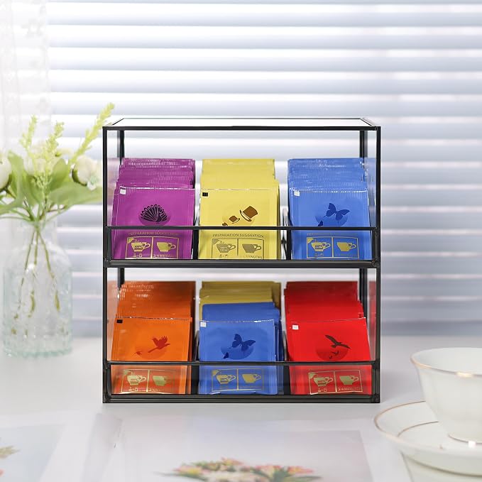 REDHUGO Glass Tea Bag Organizer, 2-Tier Tea Bag Holder for Counter, Black | Glass teabag organizer with 2-tier design and black frame, keeps tea bags tidy for counters, cabinets and tea stations - Image 5