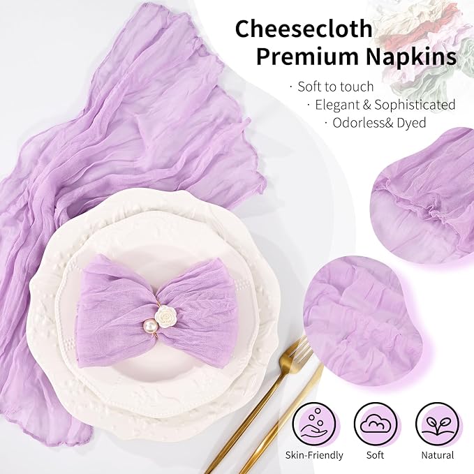 50 Pack Lilac Purple Cheesecloth Napkins 20"x20" Boho Washable Cloth Napkins Set of 50 Wrinkled Cheese Cloth Napkins Gauze Dinner Table Napkin for Wedding Party Baby Shower Birthday Decor - Image 3