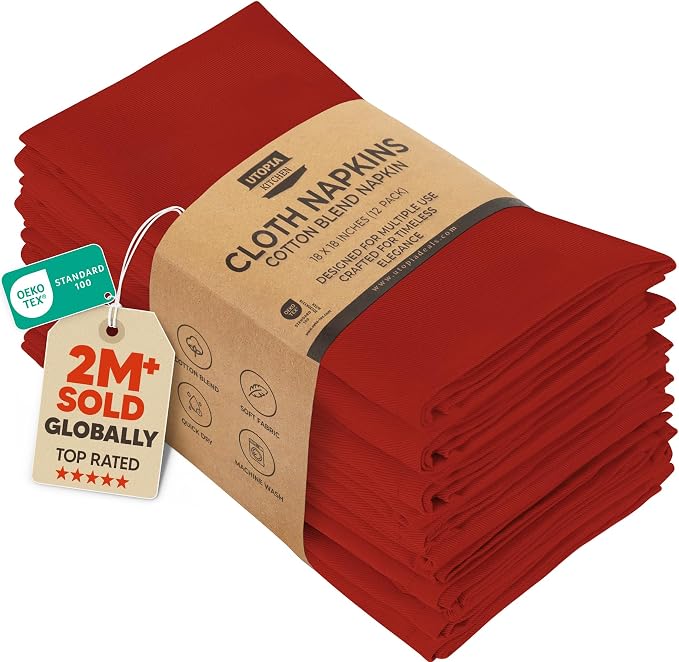 Utopia Kitchen Cotton Blend Red Cloth Napkins [12 Pack, 18x18 Inch] | Absorbent Washable and Reusable for Dinner, Restaurant, Lunch, Wedding and Hotel by UTOPIAKITCHEN