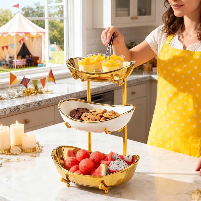 3 Tier Fruit Bowls For Kitchen Counter, Ceramic Fruit Basket Stand | Metal Fruit Serving Tray, Large Capacity, Snacks Nuts Cake Storage Holder for Party, Gold 2 - Image 5