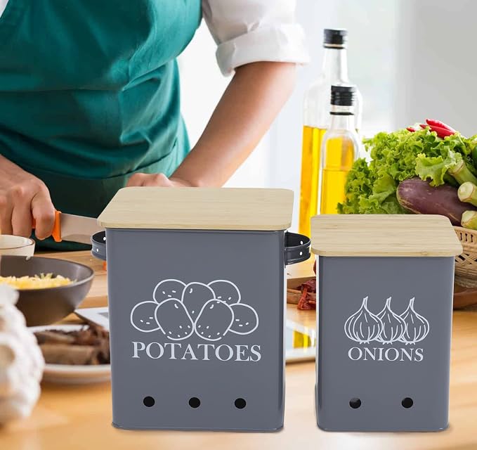 Kitchen Vegetable Storage Tins Set of 2, Onion and Potato Storage Bins with Wooden Lid and Aerating Holes, Garlic Bin Caddy, Vintage Kitchen Decor, Grey - Image 6