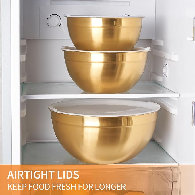 Gold Mixing Bowls with Airtight Lids, Stainless Steel Nesting Mixing Bowls Set of 7, Ideal for Baking, Prepping and Serving Food, Size 7, 3.6, 2.7, 2.1, 1.5, 1.1,0.8 QT, Stackable Design - Image 6