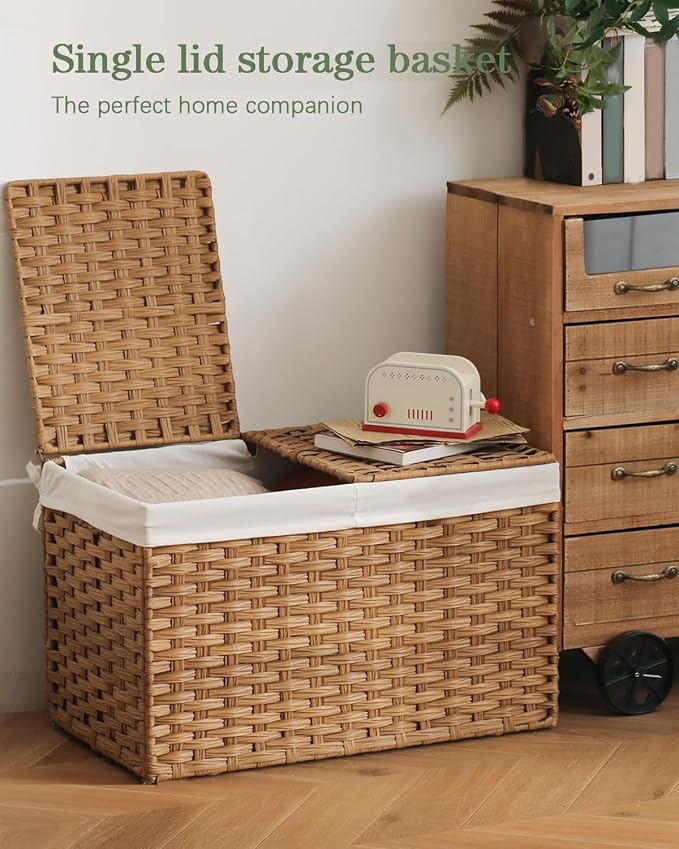 SETVSON Storage Basket with Lid, 2-Lid PE Rattan Storage Bin, Natural | 105L Storage Bin with 2 Separate Lids, 2 Removable Liners for Clothes & Blankets, Sturdy Metal Frame, PE Rattan - Image 2