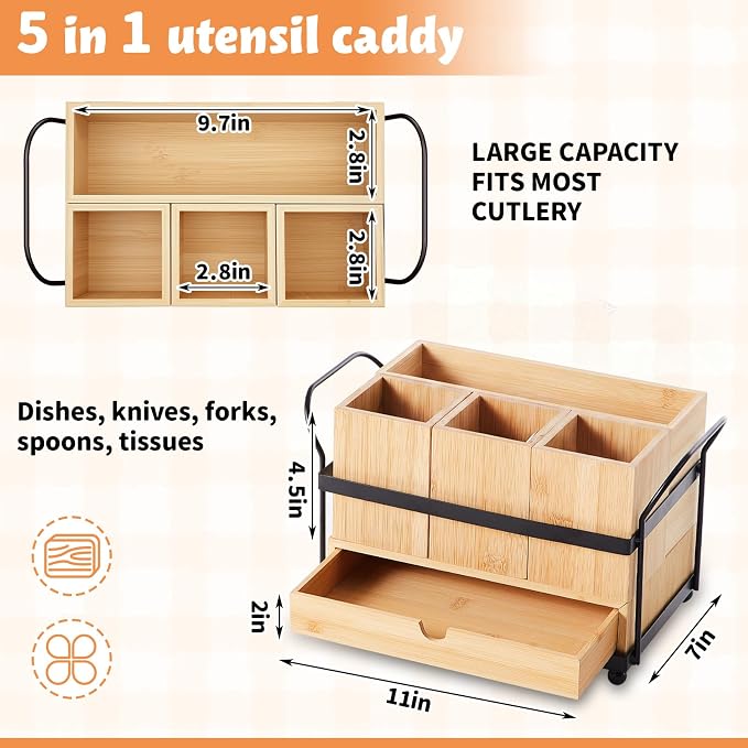Qunclay Wooden Silverware Caddy with Drawer, Paper Plate Organizer Holder Dispenser for Party, Utensil Cutlery and Flatware Holder with 4 Compartments for Forks, Spoons, Napkins, Kitchen Countertop - Image 2