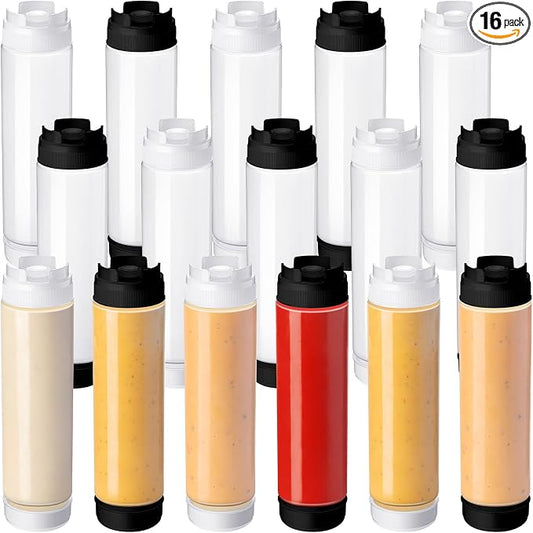 Roshtia 16 Pcs 16 oz Squeeze Bottle Condiment Squeeze Bottle Inverted Plastic Squeeze Bottle for Sauce Refillable Self Sealing Sauce Dispenser for Liquids Reusable Restaurants Kitchen(Black, White) by Roshtia
