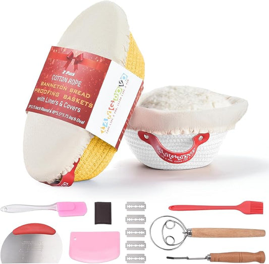 Banneton Bread Proofing Basket Set Made with Cotton Rope,Sourdough Starter Kit with Liners&Covers,bread basket for Artisan Baking, Round&Ova Sourdough Bread Baking Supplies Gift Set by LANGDOVO
