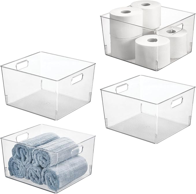 mDesign Large Modern Stackable Plastic Storage Organizer Bin Basket with Handles for Bathroom Vanity Organization - Shelf, Cubby, Cabinet, or Closet Organizing Decor - Ligne Collection - 4 Pack, Clear by mDesign