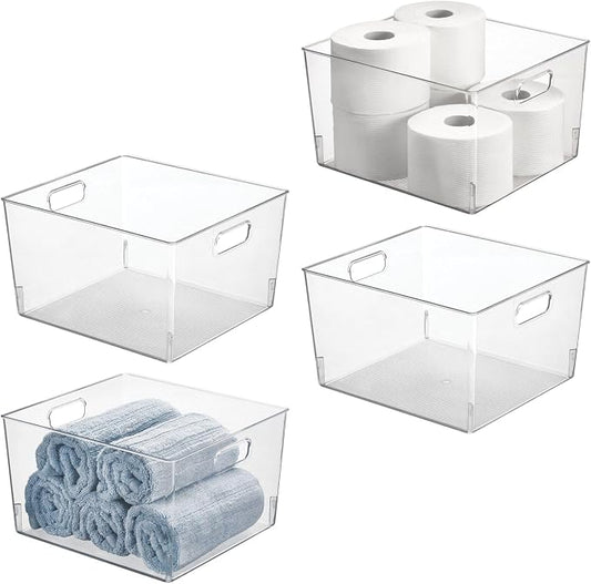 mDesign Large Modern Stackable Plastic Storage Organizer Bin Basket with Handles for Bathroom Vanity Organization - Shelf, Cubby, Cabinet, or Closet Organizing Decor - Ligne Collection - 4 Pack, Clear by mDesign
