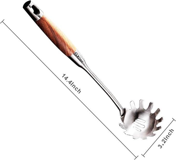 Spaghetti Spoon,304 Stainless Steel Pasta Spoon,Wooden Handle,14.2Inch | Long handle,cooking utensils for kitchen,cooking noodles/pasta - Image 2
