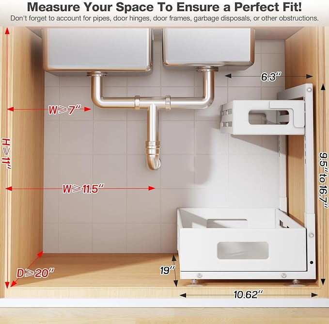 2 Pack 19IN-Depth Under Sink Organizer,Pull Out Cabinet Organizer With Smooth Cylindrical Rail,Metal Slide Out Drawer for Kitchen Bathroom Laundry,8-Level Tool Free Height Adjustable-White - Image 2