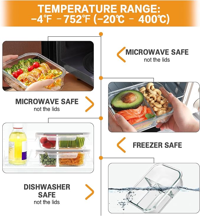 Bayco 9 Pack Glass Meal Prep Containers - 3, 2 & 1 Compartment Glass Food Storage Containers with Lids, Airtight & Leak Proof Lunch Bento Boxes - Grey - Image 3