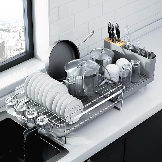 Kitsure Extendable Dish Drying Rack, 19.2"-26.7" L x 12.9" W, Sliver | Large Dish Rack, Multifunctional Dish Rack for Kitchen Counter, Anti-Rust Dish Drainers with Cutlery & Cup Holders by Kitsure
