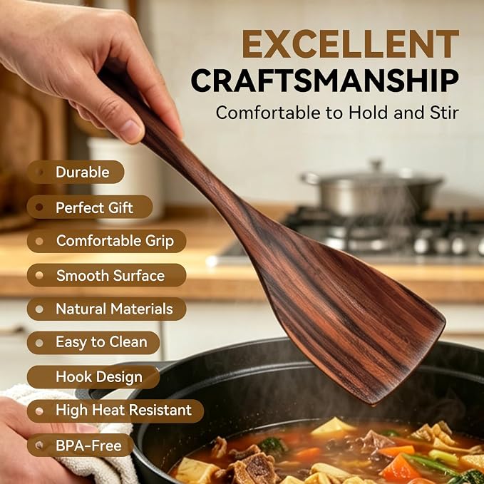 10PCS Wooden Utensil Set for Cooking, Non Toxic Wood Kitchen Utensils Set with Spatula & Wooden Spoons for Cooking, Dishwasher Safe Teak Wood Cooking Utensils for Non Stick Cookware - Image 5