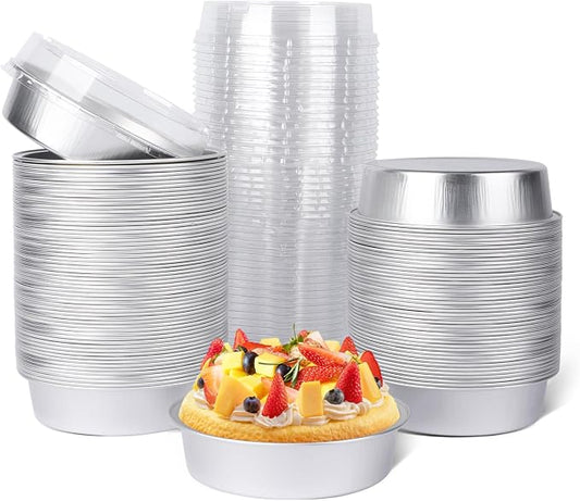 Beasea Mini Pie Pans with Lids, 120 Pack 4 Inch 8oz Disposable Mini Cake Pans Creme Brulee Aluminum Foil Pie Tart Ramekins Tins Silver Small Individual Round Containers Oven Safe for Baking by Beasea