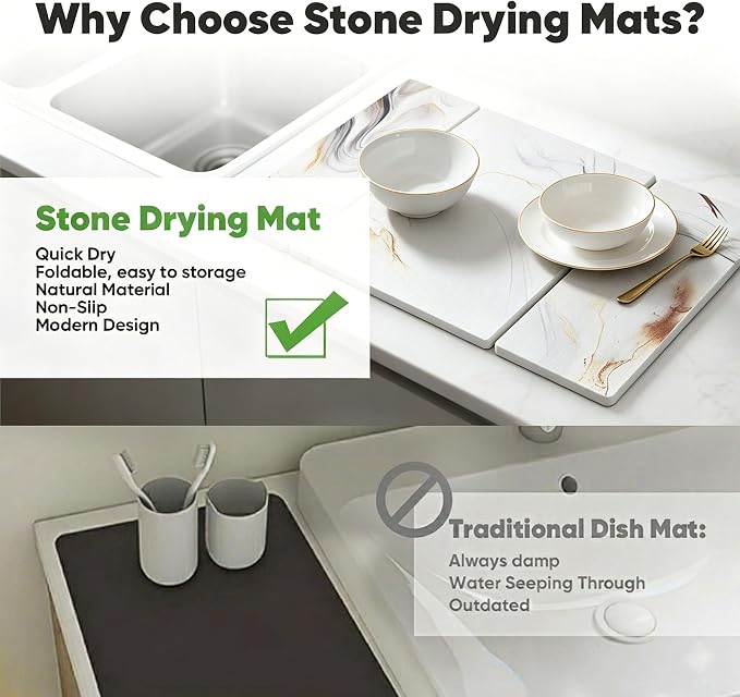 Stone Drying Mat for Kitchen Counter, Quick Diatomaceous Earth Mats for Dishes, 24"L x 16" W Super Absorbent Fast-Drying Collapsible Countertop Stone Mat (Marble White-08, 24" x 16") - Image 2