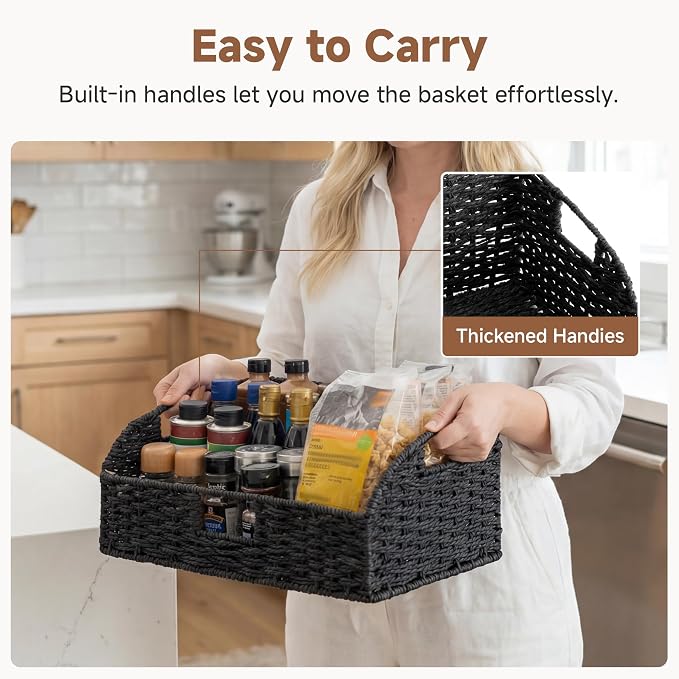 StorageWorks Pantry Baskets, Black Wicker Baskets with Handles, 2-Pack | Paper Rope Black Baskets for Organizing, Black Woven Baskets, Pantry Baskets for Shelves, Wicker Storage Baskets for Shelves - Image 3