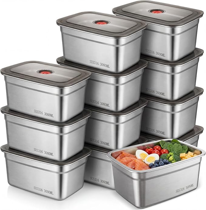 12 Pcs 101oz Stainless Steel Food Storage Containers with Leak-proof Lid, Large Reusable Metal Meal Prep Container Stackable BPA free Marinating Box, Kitchen Fridge Freezer Dishwasher Safe by Unknown