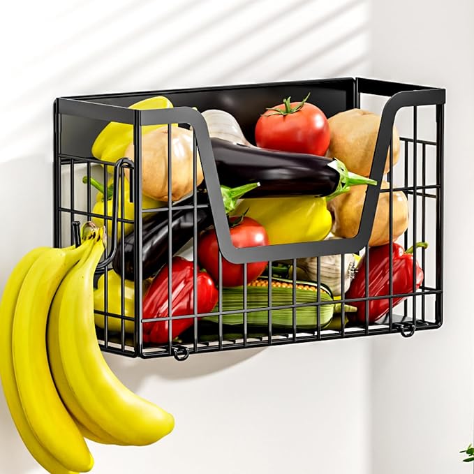 Magnetic Shelf for Fridge, Fruit Basket Magnet Shelves with 2 Hooks | Potato and Onion Storage Bins, Black Magnetic Organizer Side of Fridge Storage, Magnetic Spice Rack for Refrigerator Kitchen by YIWANFW