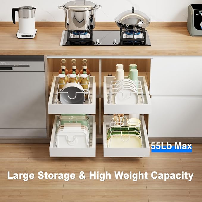 Mustorn 2 Pack Pull Out Cabinet Organizer with 8 Dividers,21.8" Deep Slide Out Drawers for Cabinets Adhesive Pull Out Drawers Heavy Duty Pull Out Shelves for Kitchen, Cupboard, Pantry, Bathroom-White - Image 2