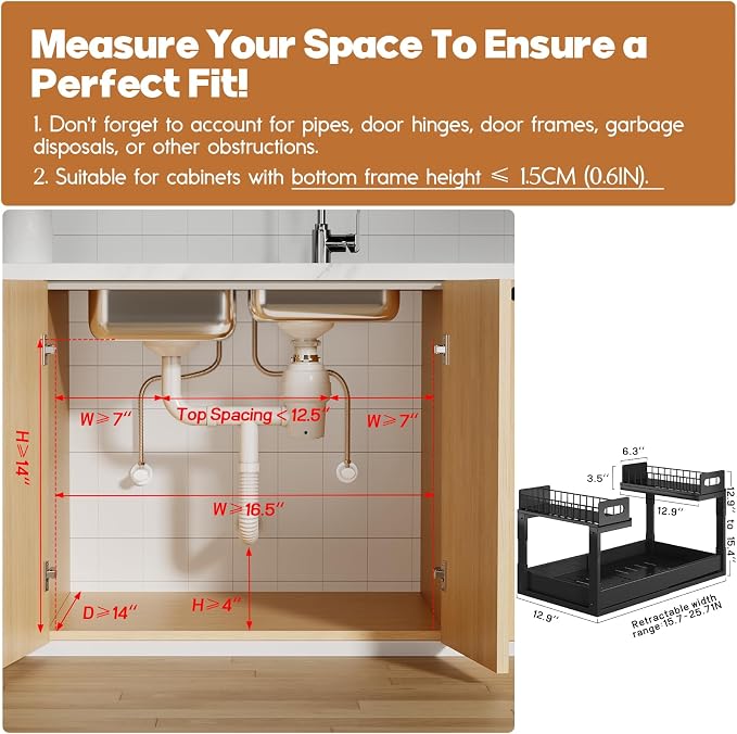 1 Pack-16"-26"W Expandable Under Sink Organizer With Upgrade Ball-Bearing Slide,2-Tier Pull Out Under Cabinet Organizer Height Adjustable,Not Suitable For Cabinets With Partitions In The Middle - Image 2