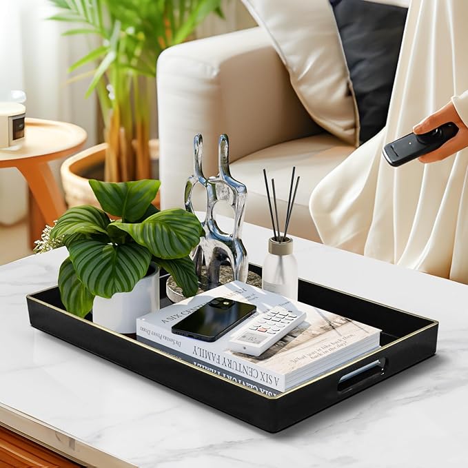 Black Decorative Tray for Coffee Table, Serving Tray with Handles | Plastic Melamine Tray, Modern Ottoman Tray, Rectangular Countertop Organizer Tray for Living Room, 15.8"L x 10.2"W x 1.4"H - Image 6