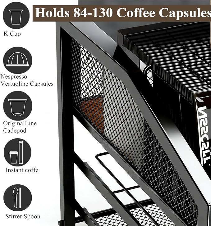 Coffee Bar Organizer - 2-Tier K-Cup & Coffee Pod Holder Stand with Dividers - Storage for Coffee Pods, K Cups, Syrup Bottles, Mugs, Creamer, Stirrers, Sugar Packets, Tea Bags - Image 6