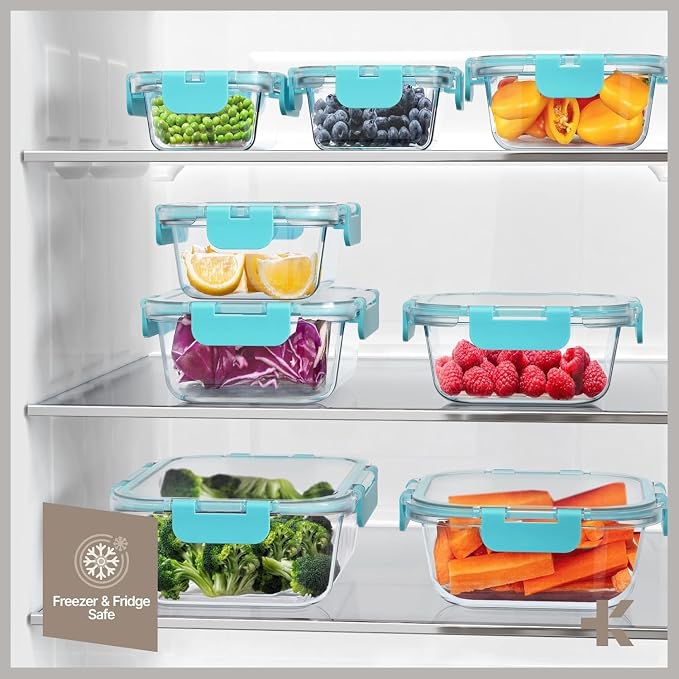 Bakken Borosilicate Glass Food Storage Containers with Lids 24 Pieces, BPA-Free Stackable Lunch & Leftover Containers, Microwave, Freezer & Dishwasher Safe, 100% Airtight Leak-Proof, Aqua - Image 10