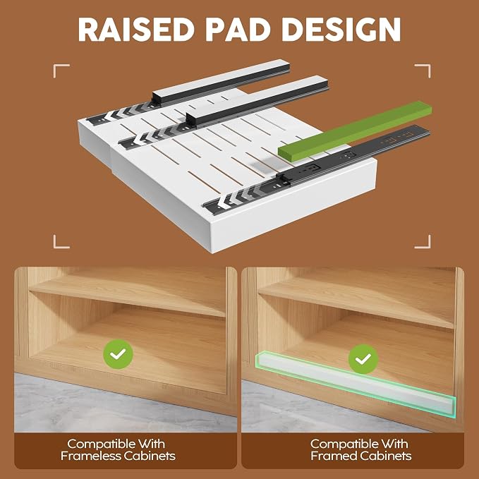 Seinloes 4Pack Expandable Pull Out Cabinet Organizer 21"Deep with Raising Pad for Framed Cabinets,Slide Out Drawers with 4pcs Divider Racks,Roll Out Shelves Adhesive,Adjustable Width 12.05"-20.4"White - Image 2