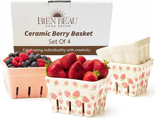 Ceramic Berry Basket, Farmhouse Colander, Strawberry Decor, Fruit Bowls, Fruit Baskets, Kawaii Strawberry Kitchen bowl, Pink White and Cute Strawberry pattern Stoneware Harvest Square Bowls Set of 4 | These cute Kawaii strawberry pattern stoneware bowl... by BIENBEAU