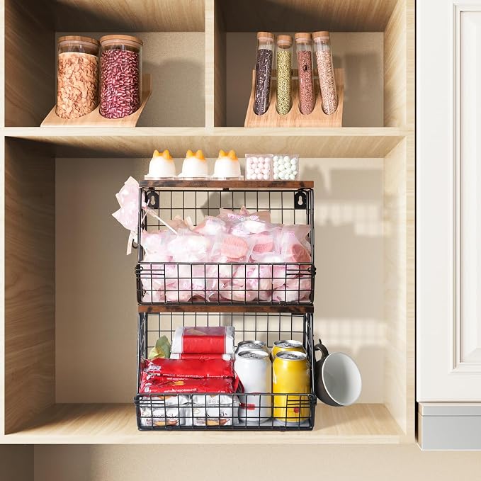 Mefirt 2pcs Fruit Basket Kitchen Storage Basket with Wood Lid | Stackable Wall Fruit Basket for Kitchen, Countertop Organizer for Snack, Fruit and Veggie Storage, 11.8 x 7.9 x 8.5 Inch - Image 4