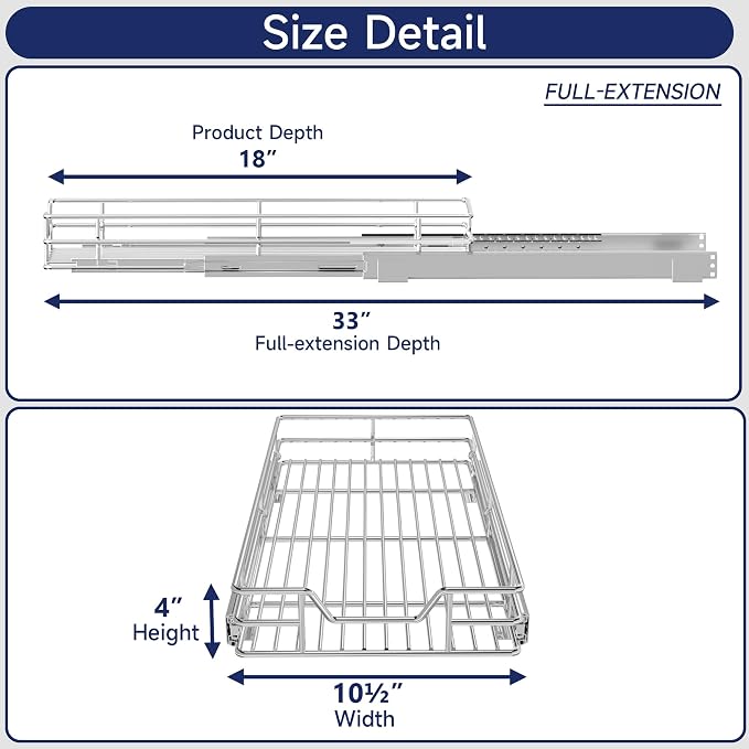 Pull Out Cabinet Organizer, 10.5" W x 18" D, Heavy Duty Chrome Slide Out Shelf for Narrow Base Cabinets, Sliding Wire Basket Drawer for Spices, Bottles, Snacks & Cleaning Supplies - Image 2