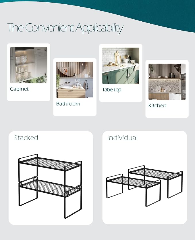 Shantton Cabinet Shelf Organizer, Pantry Shelf Rack, Black 16x8.3x7.3 | 2-Pack Stackable Metal Riser Holds 40LBS with Non-Slip Feet for Kitchen Pantry Bathroom Countertop Freezer Cupboard - Image 4