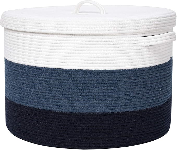 20x15 Inch Extra Large Round Cotton Rope Storage Basket with Lid, Decorative Woven Bin with Cover for Living Room Bedroom Closet, Blue & Deep Blue by Cottonphant