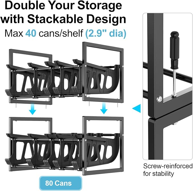 Can Storage Organizer Pantry - Auto-Rolling Expandable Hold 80 Cans | Stackable For Walk-in Deep Pantry Shelve, Adjustable Width for Food Cans, Sturdy Metal Frame, Easy Access & Restocking, Black - Image 7