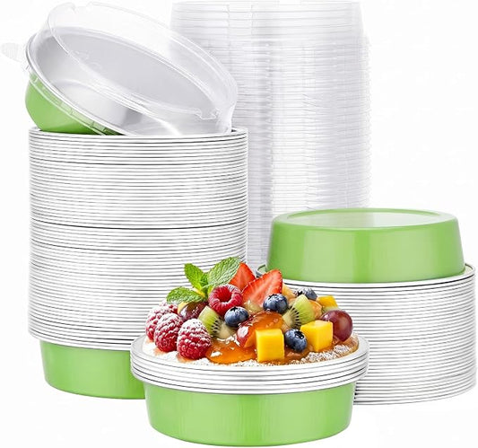 Beasea Mini Aluminum Cupcake Pans With Lids, 100 Pack 7.3oz Disposable Pie Pans, 4 Inch Aluminum Foil Baking Cups Pie Tart Tins Round Oven Dishes For Cheesecake Tart Quiche Dessert - Matcha Green by Beasea