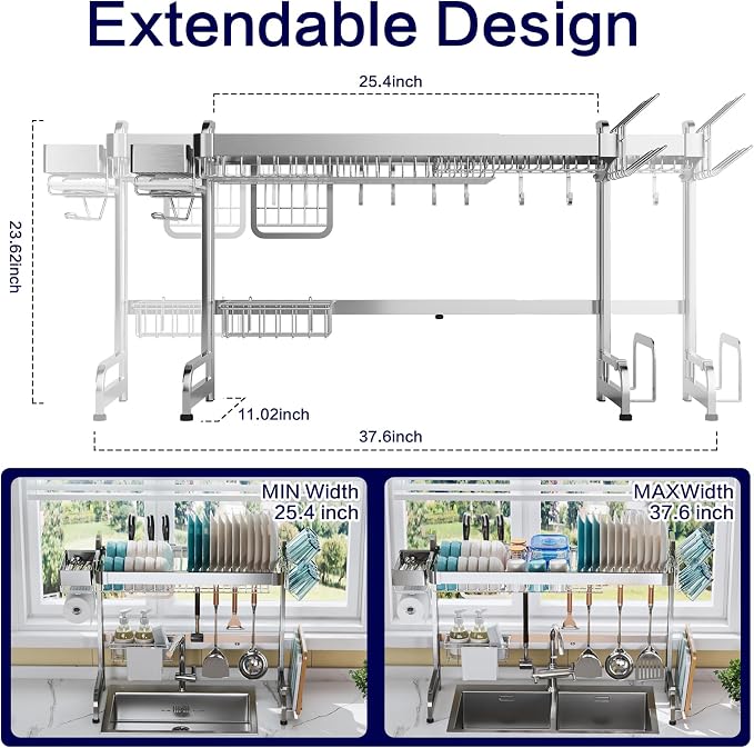 LIVOD Over The Sink Dish Drainer Drying Rack, 2 Tier Full Stainless Steel Storage Adjustable Length Kitchen Rack, Multifunctional Expandable Counter Organizer, Space Saver Dish Rack - Image 2