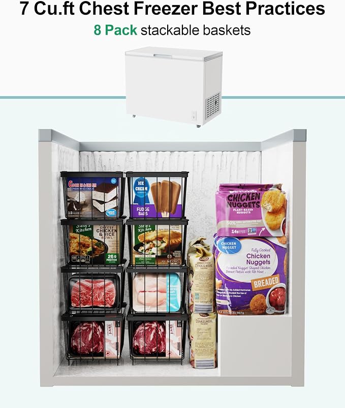 Freezer Organizer Bins - Small Storage Baskets for 7 Cu.Ft, 4 Pack | Easy Access Handles, Stackable Deep Freezer Wire Baskets, Vertical Space Sorts for Frozen Meat, Vegetable and Bagged Items - Image 7