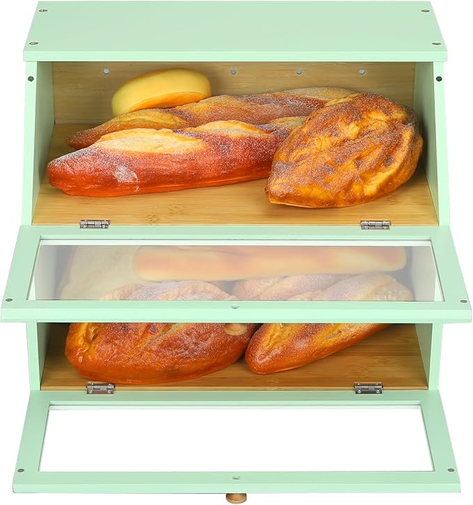 HOMEKOKO Double Layer Bread Boxes for Kitchen Countertop, Mint Green | Keeps Bread Fresh 3-4 Days, Large Capacity Fits 2+ Loaves, Suitable For Home Kitchen Food Storage Use, See-Through Window - Image 7