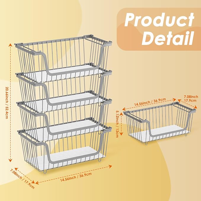 4 Pcs Stackable Wire Baskets for Pantry Organizers and Storage, Gray | Metal Baskets with Handles,Produce Potato Onion Storage Bin,Vegetable Fruit Basket for Countertop, Kitchen Storage - Image 6