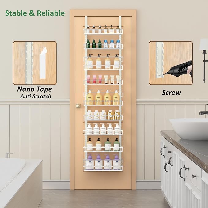 Churboro 9 Tier Over Door Pantry Organizer, 2-in-1 Adjustable Spice Rack | Metal Pantry Door Organizers and Storage, Hanging or Wall Mount Shelves with 9 Adjustable Baskets, 3 Safety Bars, White - Image 5