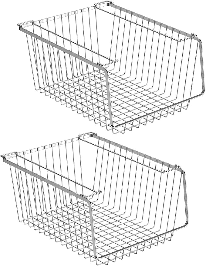 Wire Storage Baskets Stackable Organizer Basket Bins Stacking Household Wire Baskets with Handles Storage Organization for Kitchen, Pantry, Bathroom, Cabinets, Closets, Bedrooms, Set of 2 by blitzlabs