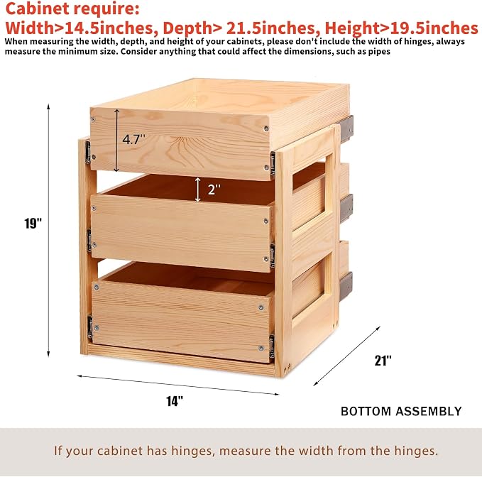 Pull Out Drawers For Cabinets, 14''W×21''D×19''H Soft Close Slide Out Wood Shelves Storage Organizer for Kitchen, 3-Tier, Finished, Heavy-Duty, Bottom Assembly - Image 3