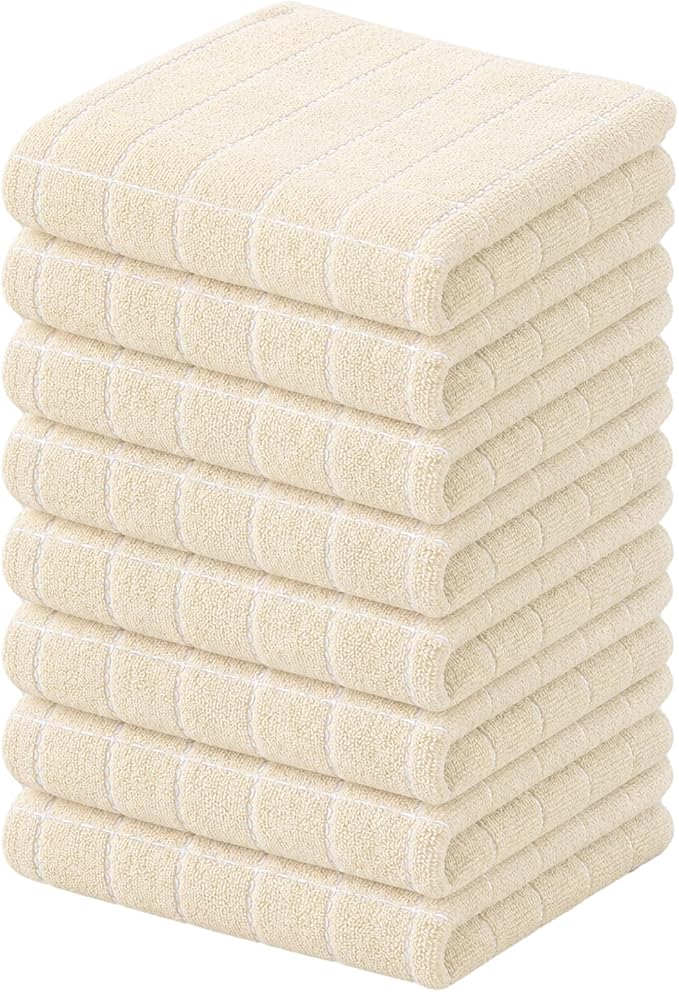 Kitinjoy 100% Cotton Terry Kitchen Towels, 13”x 28”, 8-Pack, Beige | Checkered Designed, Ultra Soft Absorbent Quick Drying Dish Towels by Kitinjoy